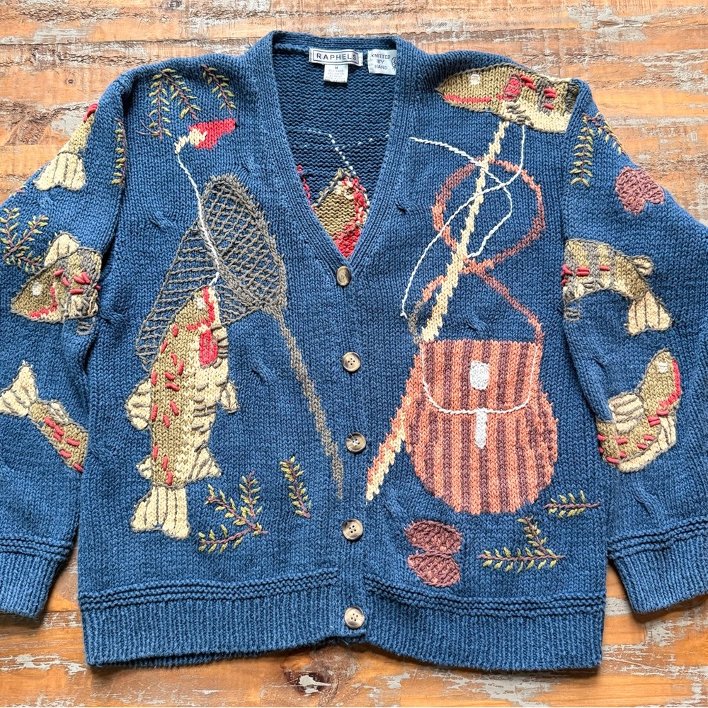 Raphels vintage 90s hand knit fishing button up sweater cardigan